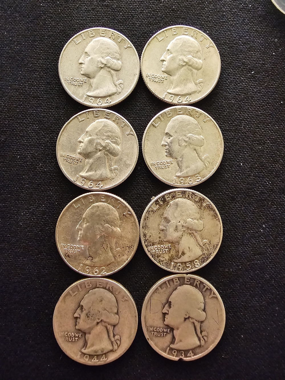 (8) Washington Quarters 90% Silver With Coin Tube, 1934-1964